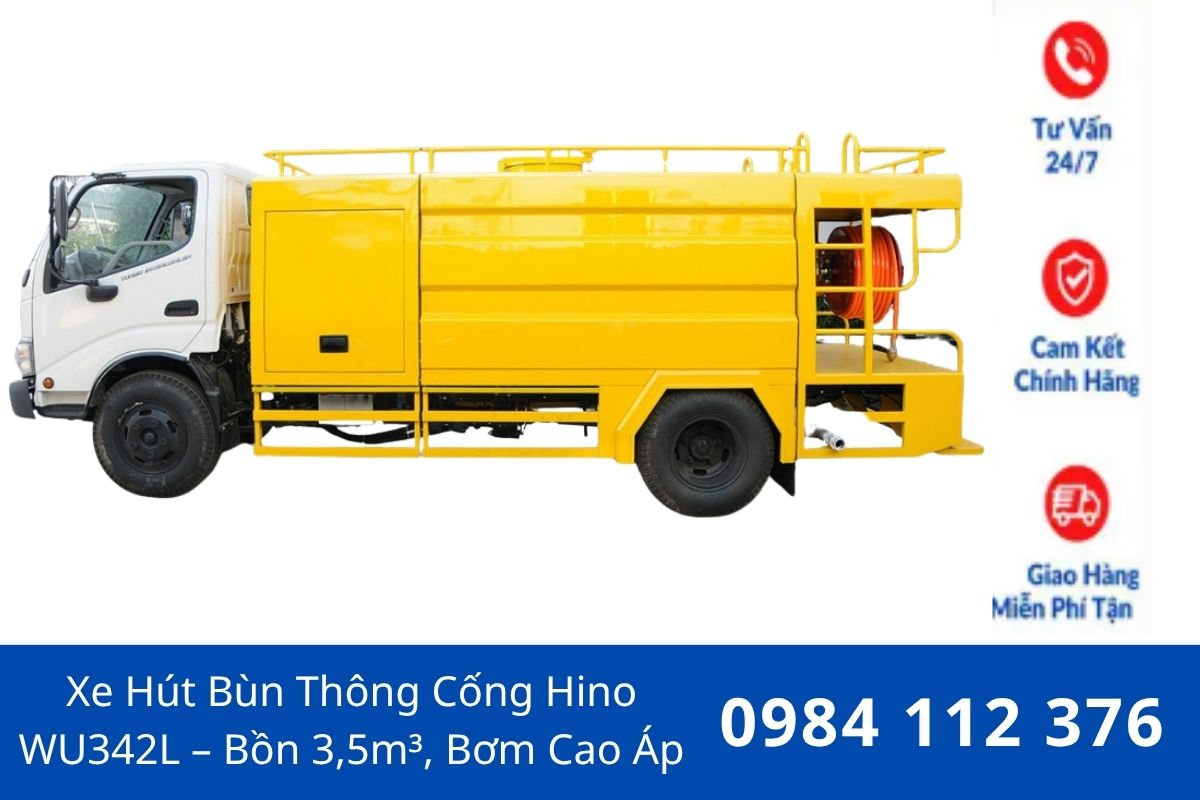 Xe Hút Bùn Thông Cống Hino WU342L – Bồn 3,5m³, Bơm Cao Áp 130 Bar